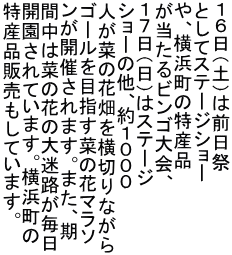 �P�U���i�y�j�͑O���� �Ƃ��ăX�e�[�W�V���[ ��A���l���̓��Y�i ��������r���S���A �P�V���i���j�̓X�e�[�W �V���[�̑��A��P�O�O�O �l���؂̉Ԕ������؂�Ȃ��� �S�[����ڎw���؂̉ԃ}���\ �����J�Â���܂��B�܂��A�� �Ԓ��͍؂̉Ԃ̑���H������ �J������Ă��܂��B���l���� ���Y�i�̔������Ă��܂��B